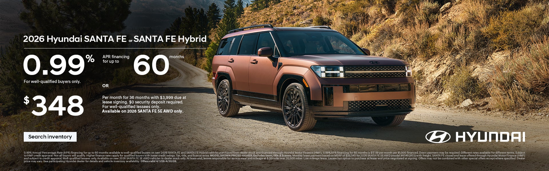 2026 Hyundai Santa Fe, Santa Fe Hybrid APR or Lease Offer