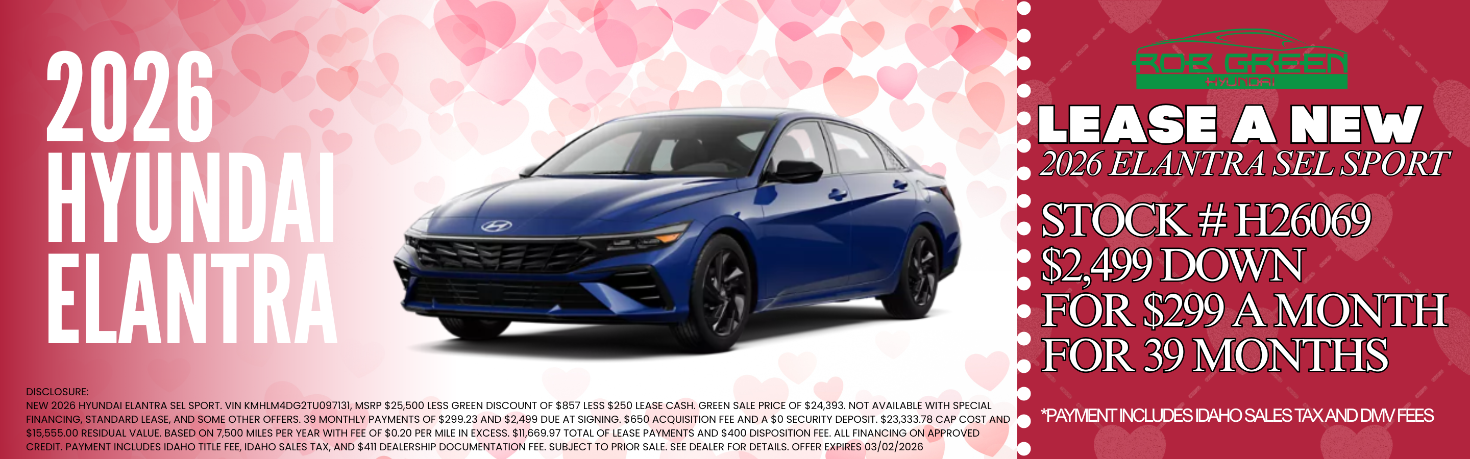 LEASE A NEW 2026 HYUNDAI ELANTRA FOR $299 A MONTH FOR 39 MON