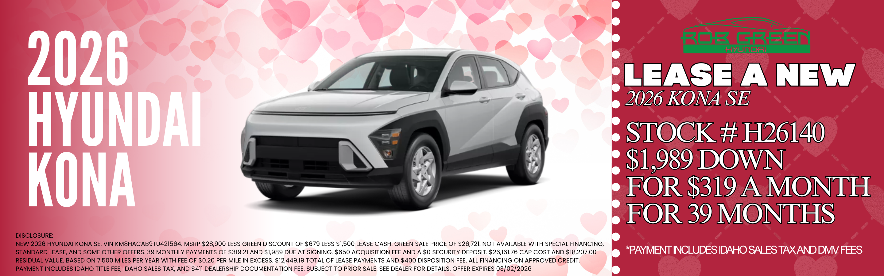 LEASE A NEW 2026 HYUNDAI KONA FOR $319 A MONTH FOR 39 MONTHS