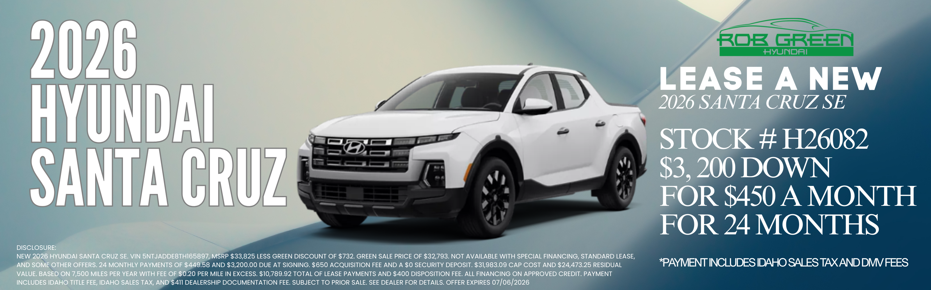 LEASE A NEW 2026 HYUNDAI SANTA CRUZ FOR $450 A MONTH FOR 24 
