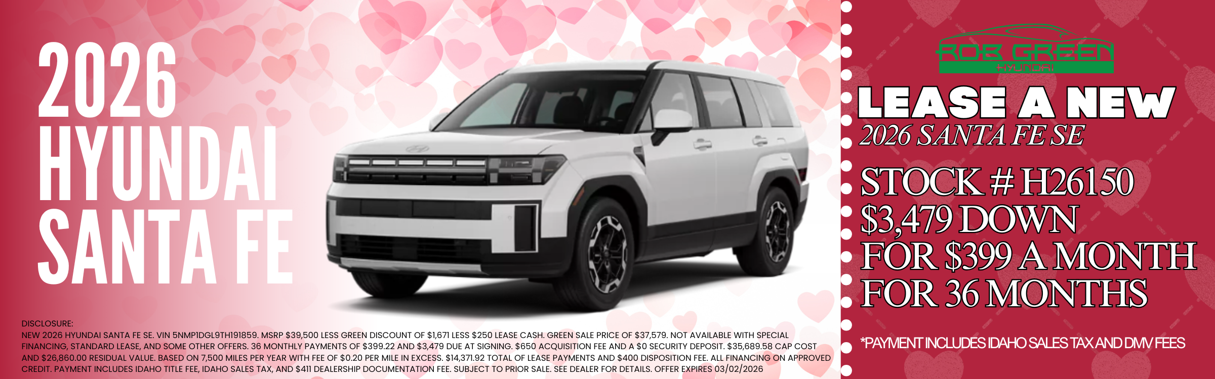 LEASE A NEW 2026 HYUNDAI SANTA FE FOR $399 A MONTH FOR 36 MO