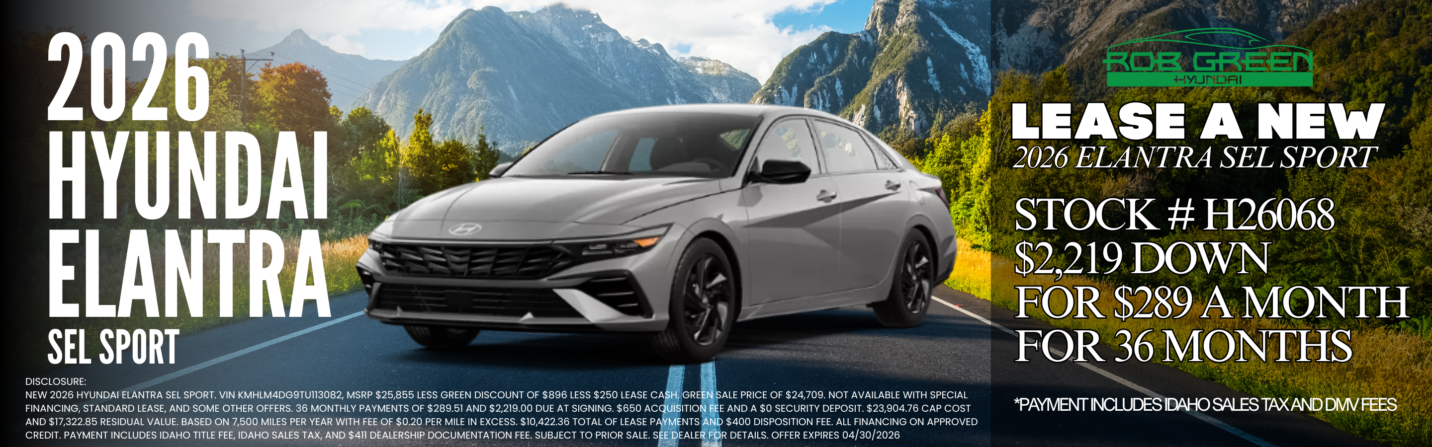 LEASE A NEW 2026 HYUNDAI ELANTRA FOR $289 A MONTH FOR 36 MON