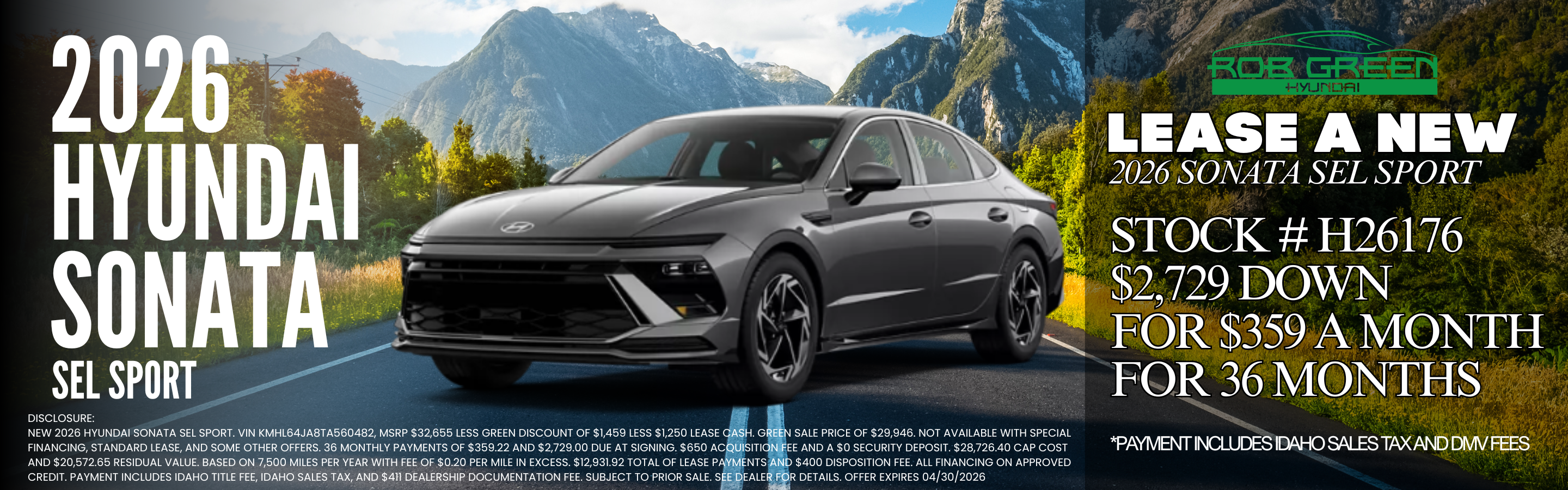 LEASE A NEW 2026 HYUNDAI SONATA FOR $359 A MONTH FOR 36 MONT