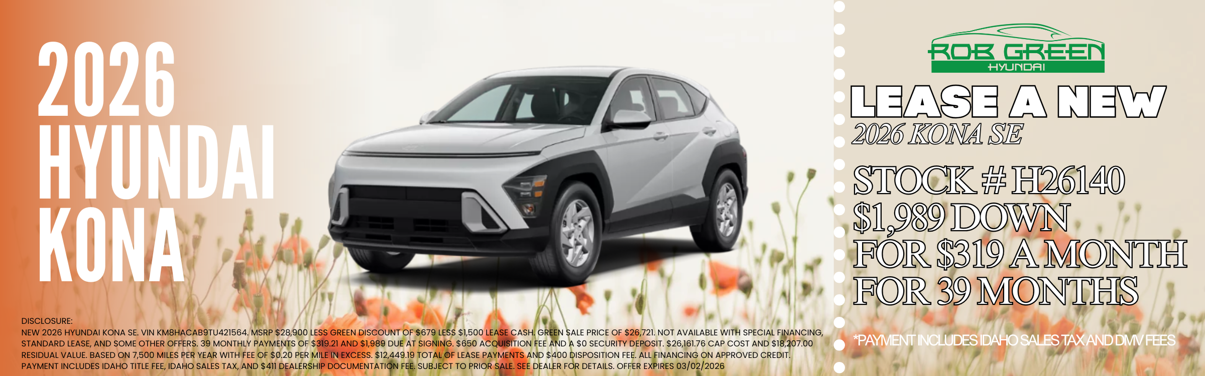 LEASE A NEW 2026 HYUNDAI KONA FOR $319 A MONTH FOR 39 MONTHS