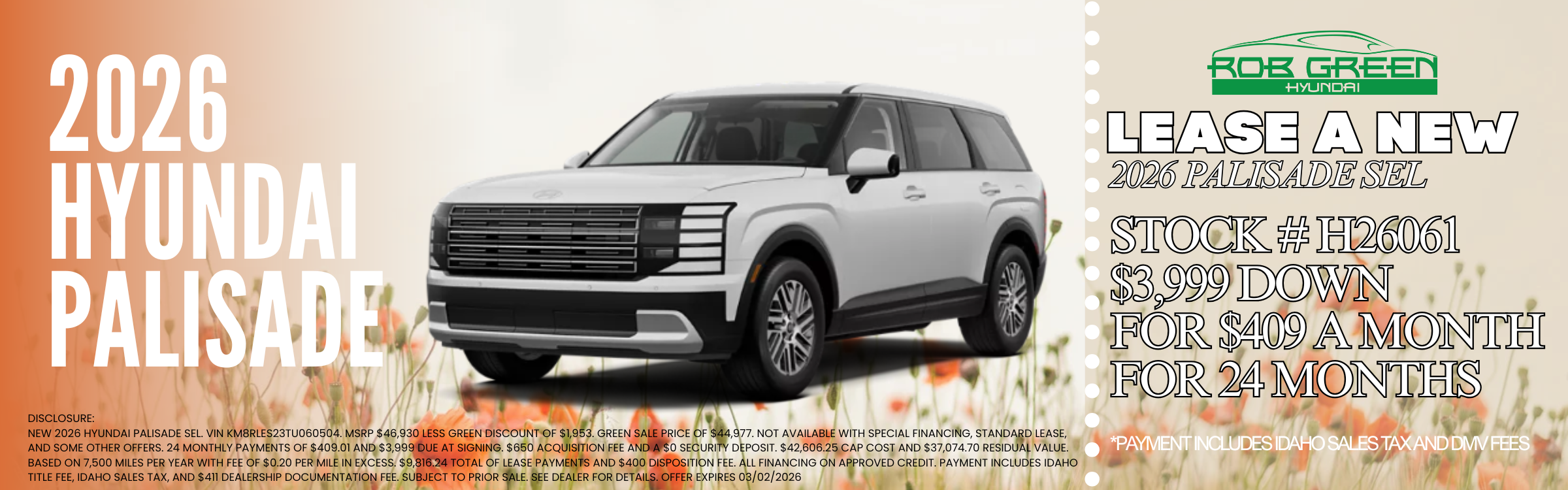 LEASE A NEW 2026 HYUNDAI PALISADE FOR $409 A MONTH FOR 24 MO