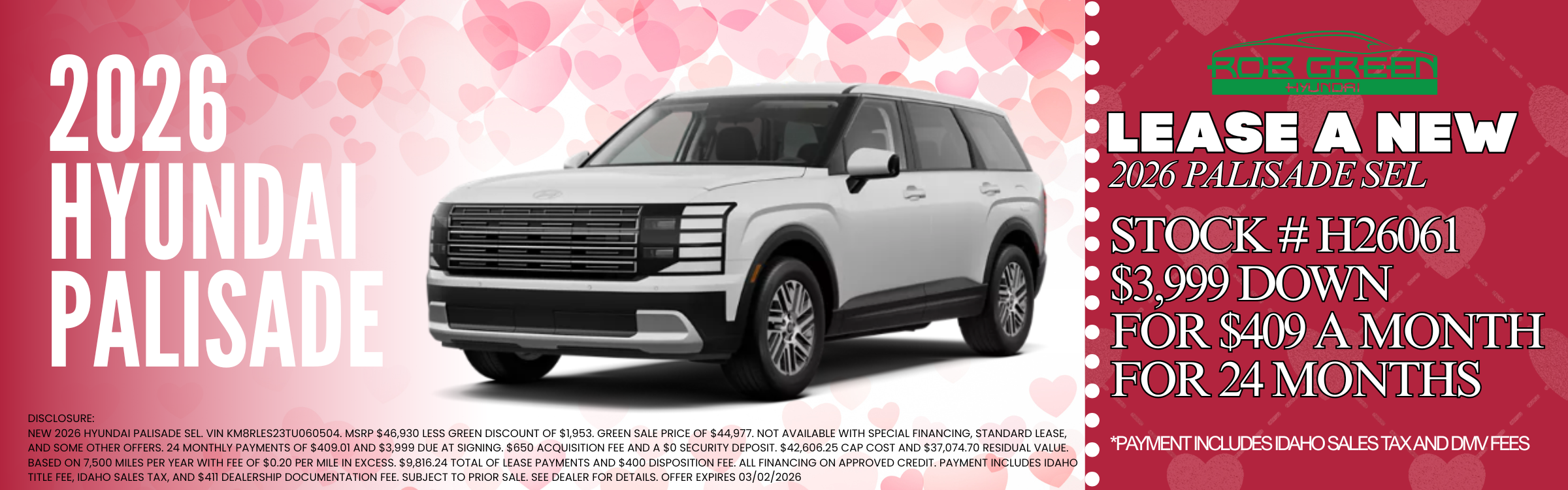 LEASE A NEW 2026 HYUNDAI PALISADE FOR $409 A MONTH FOR 24 MO