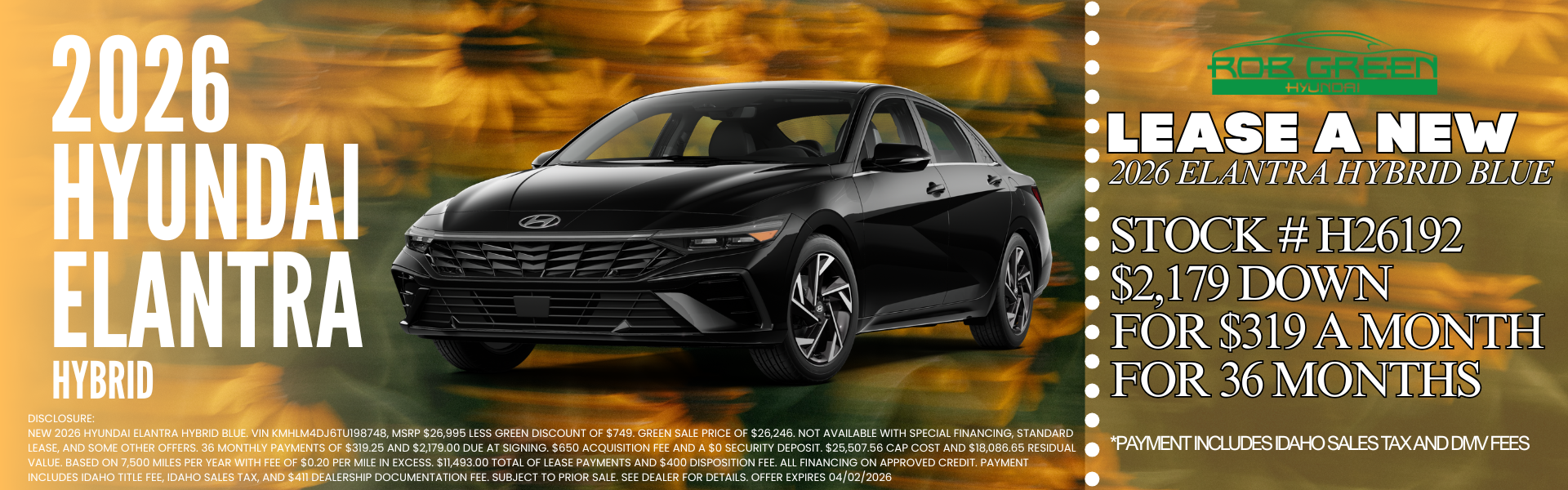 LEASE A NEW 2026 HYUNDAI ELANTRA HYBRID FOR $319 A MONTH FOR