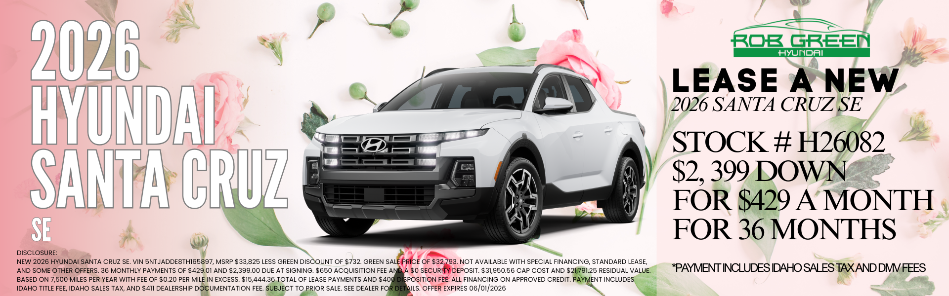 LEASE A NEW 2026 HYUNDAI SANTA CRUZ FOR $429 A MONTH FOR 36 