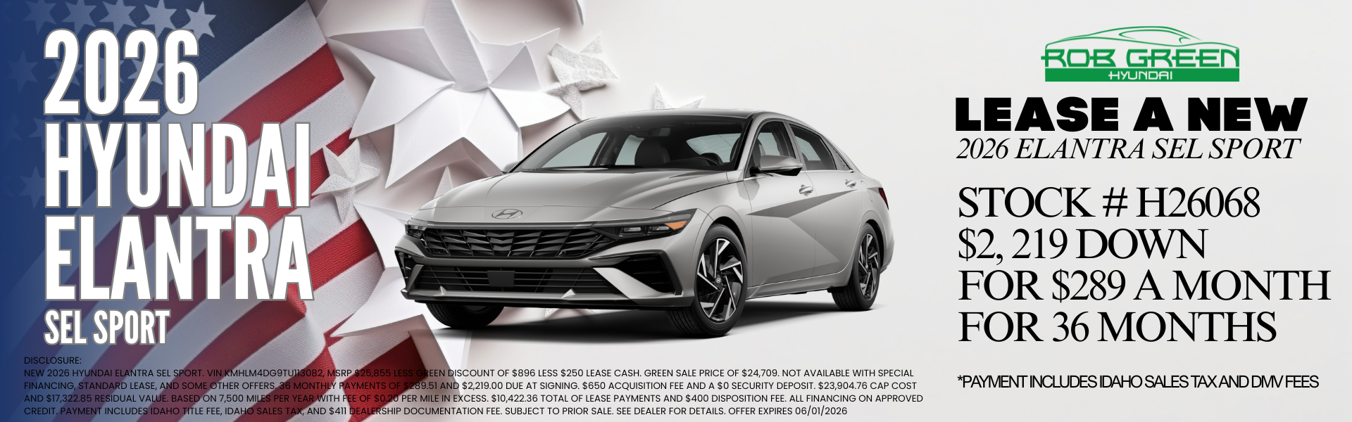 LEASE A NEW 2026 HYUNDAI ELANTRA FOR $289 A MONTH FOR 36 MON