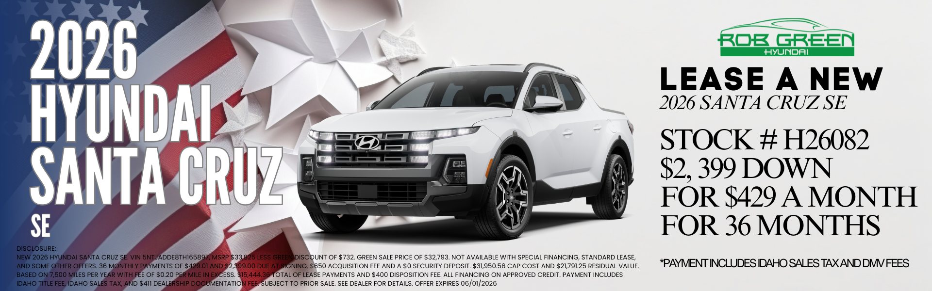 LEASE A NEW 2026 HYUNDAI SANTA CRUZ FOR $429 A MONTH FOR 36 
