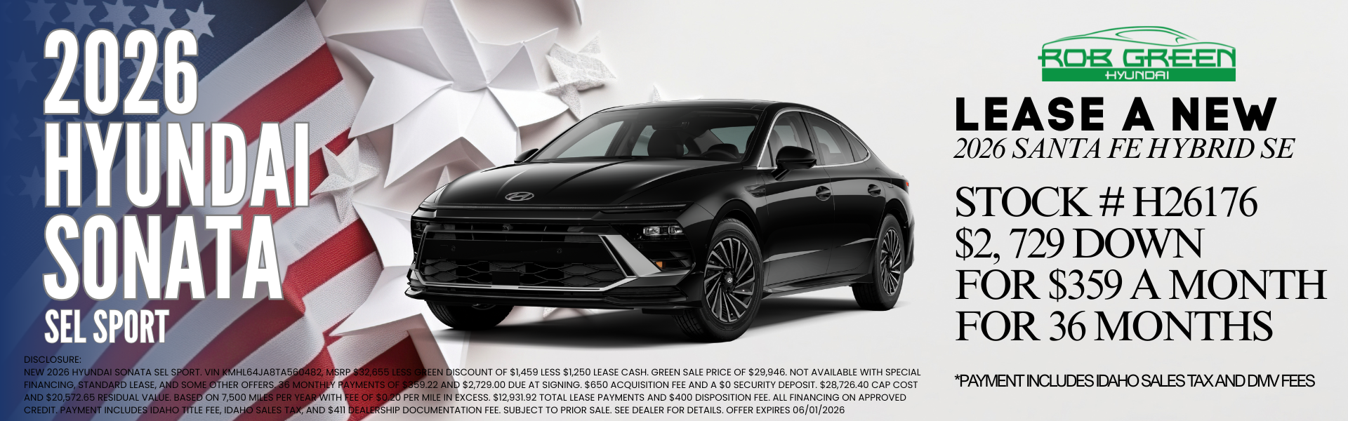 LEASE A NEW 2026 HYUNDAI SONATA FOR $359 A MONTH FOR 36 MONT