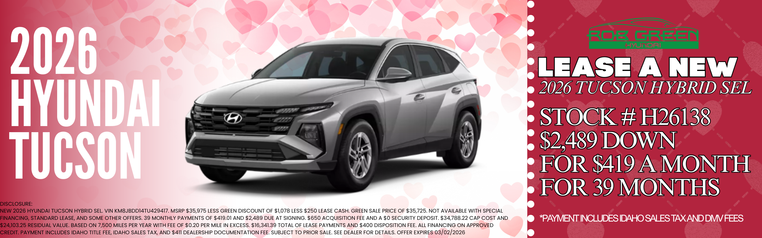 LEASE A NEW 2026 HYUNDAI TUCSON HYBRID FOR $419 A MONTH FOR 