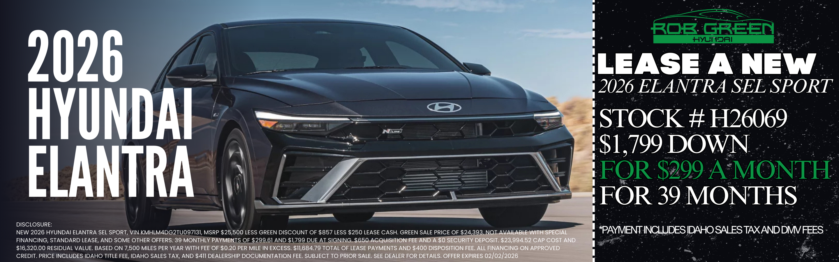 LEASE A NEW 2026 HYUNDAI ELANTRA SEL SPORT FOR $299 A MONTH FOR 39 MONTHS