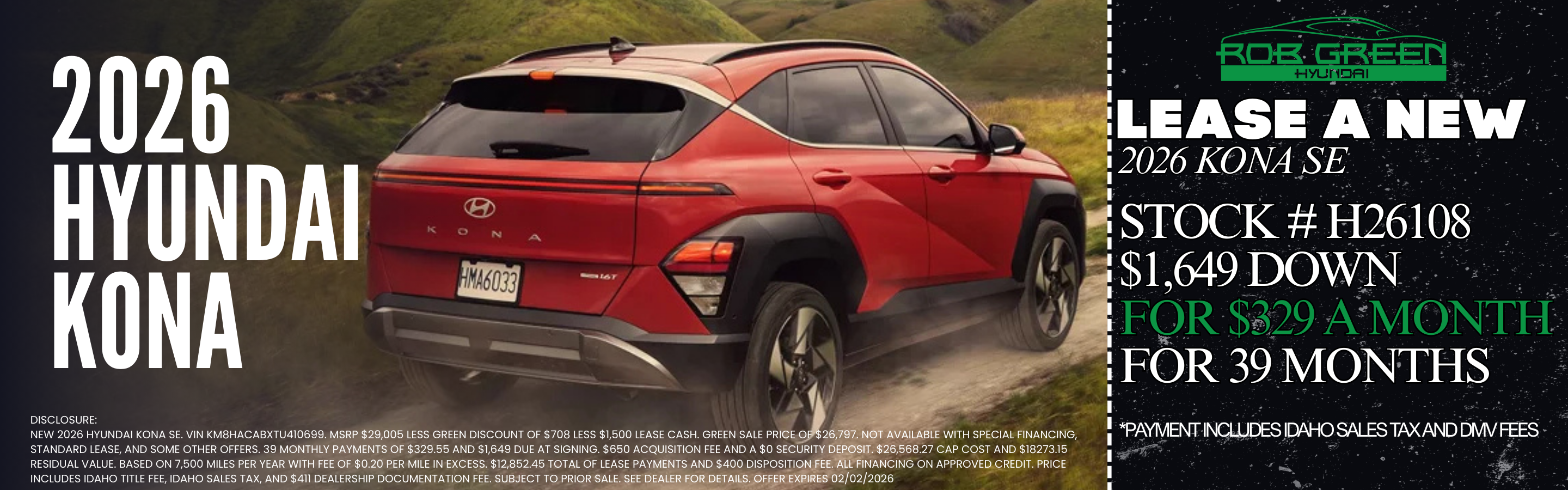 LEASE A NEW 2026 HYUNDAI KONA SE FOR $329 A MONTH FOR 39 MONTHS