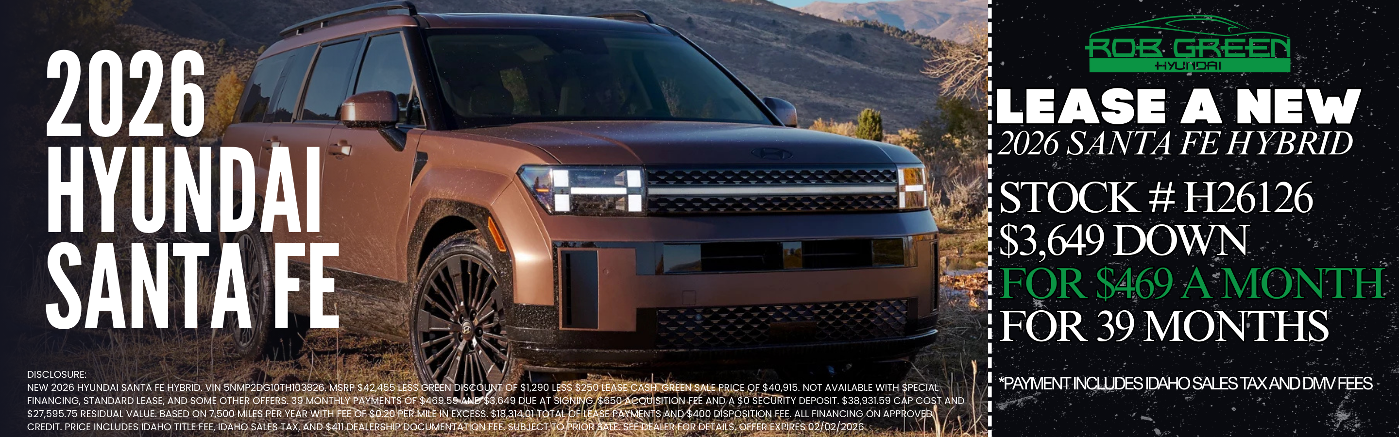 LEASE A NEW 2026 HYUNDAI SANTA FE HYBRID FOR $468 A MONTH FOR 39 MONTHS